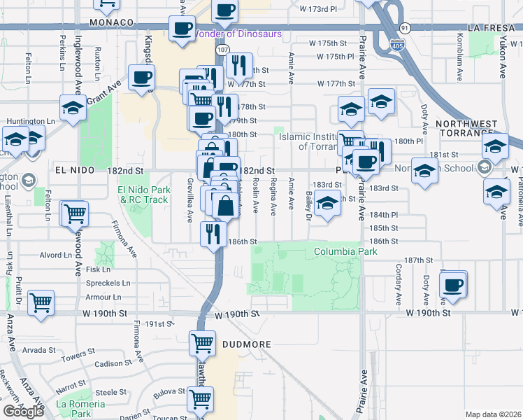 map of restaurants, bars, coffee shops, grocery stores, and more near 18336 Roslin Avenue in Torrance