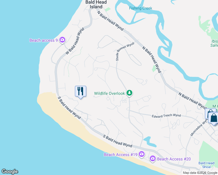 map of restaurants, bars, coffee shops, grocery stores, and more near 47 Fort Holmes Trail in Bald Head Island