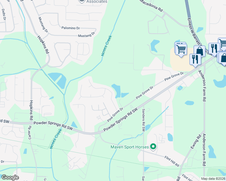 map of restaurants, bars, coffee shops, grocery stores, and more near 3130 Pine Grove Drive in Powder Springs