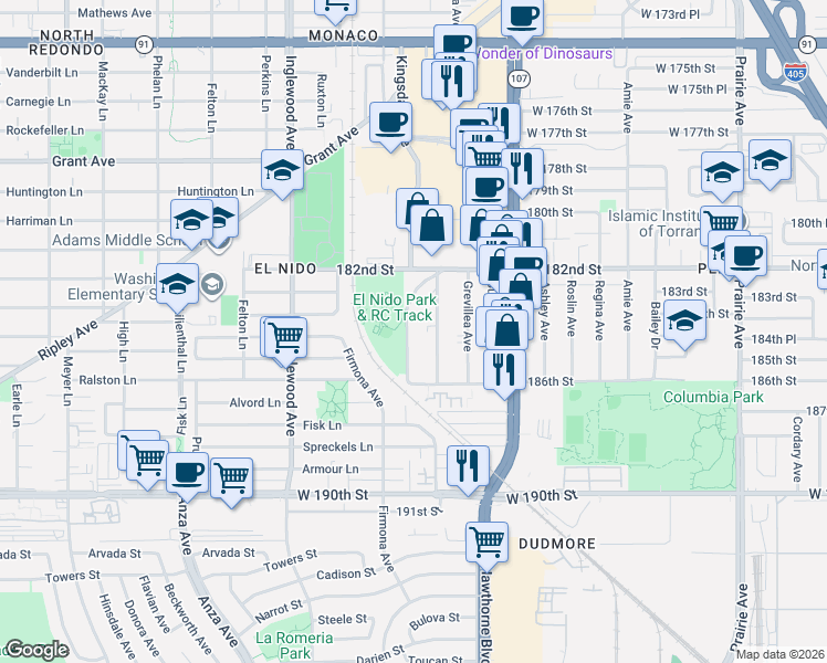 map of restaurants, bars, coffee shops, grocery stores, and more near 18406 Kingsdale Avenue in Redondo Beach