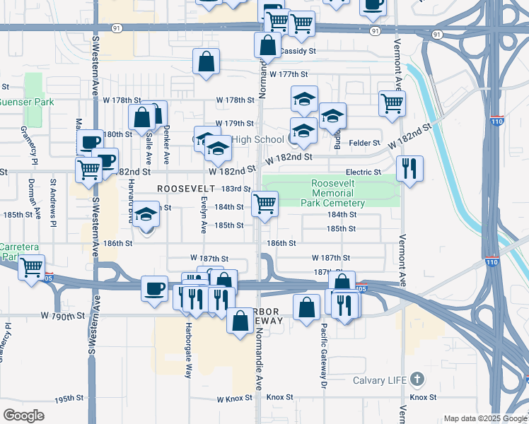 map of restaurants, bars, coffee shops, grocery stores, and more near 18424 Normandie Avenue in Gardena