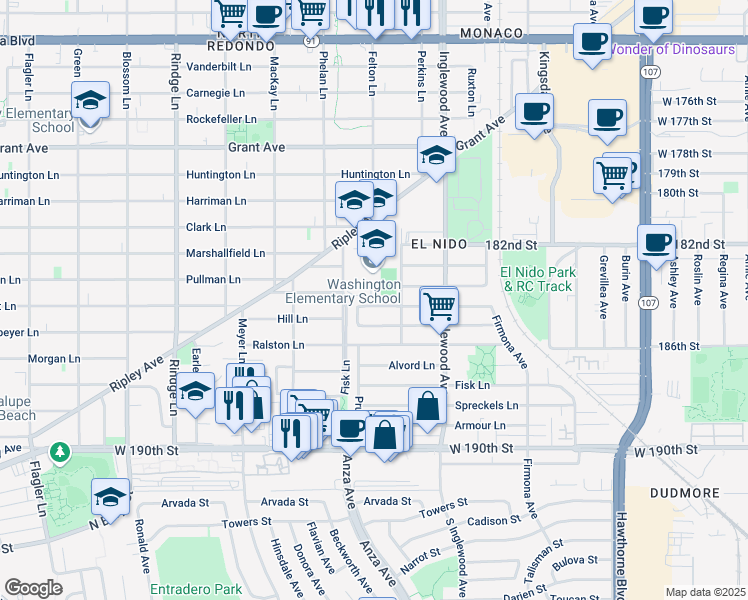 map of restaurants, bars, coffee shops, grocery stores, and more near 2507 184th Street in Redondo Beach