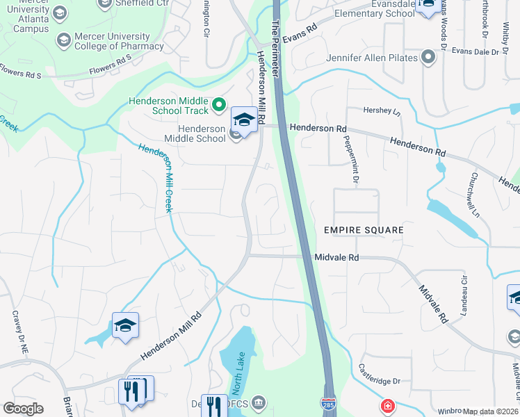 map of restaurants, bars, coffee shops, grocery stores, and more near 3362 Glenrose Point in Atlanta
