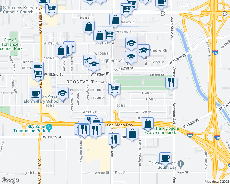 map of restaurants, bars, coffee shops, grocery stores, and more near 18424 Normandie Avenue in Gardena