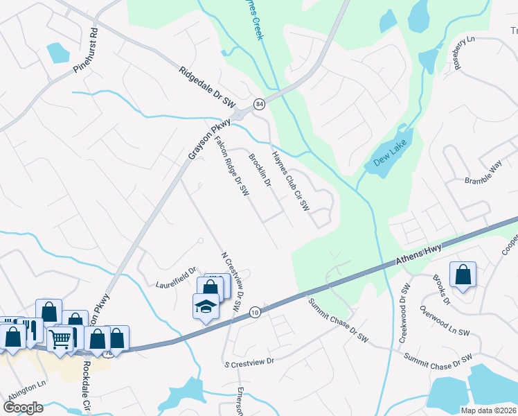 map of restaurants, bars, coffee shops, grocery stores, and more near 2610 Falcon Ridge Drive Southwest in Grayson