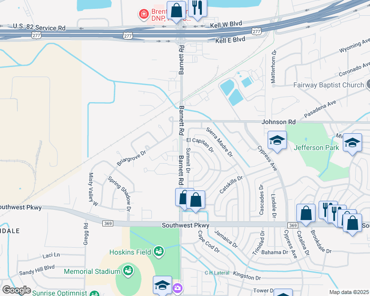 map of restaurants, bars, coffee shops, grocery stores, and more near 4611 Summit Drive in Wichita Falls