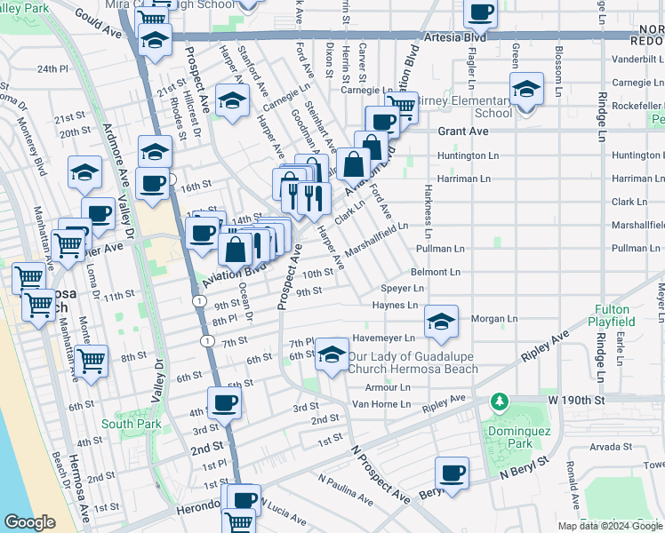 map of restaurants, bars, coffee shops, grocery stores, and more near 1242 11th Street in Hermosa Beach