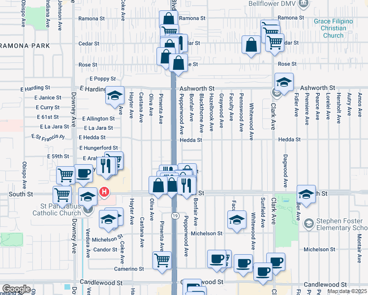 map of restaurants, bars, coffee shops, grocery stores, and more near 5960 Pepperwood Avenue in Lakewood