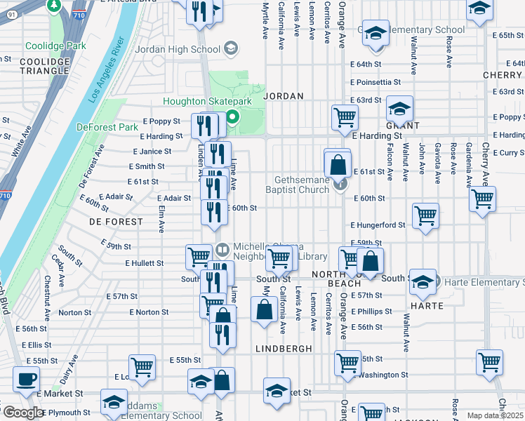 map of restaurants, bars, coffee shops, grocery stores, and more near 5993 Myrtle Avenue in Long Beach