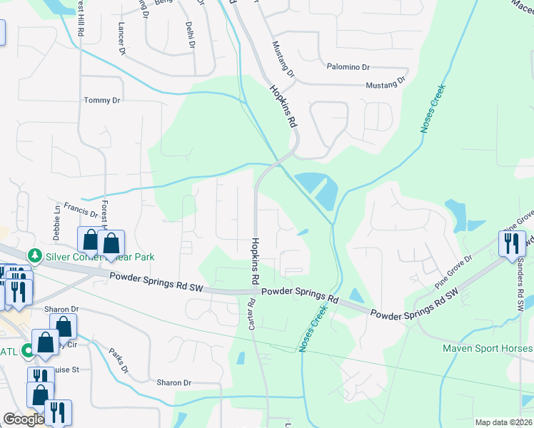 map of restaurants, bars, coffee shops, grocery stores, and more near 1010 Hopkins Crossing in Powder Springs