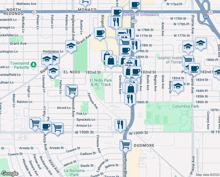 map of restaurants, bars, coffee shops, grocery stores, and more near 18321 Mansel Avenue in Redondo Beach