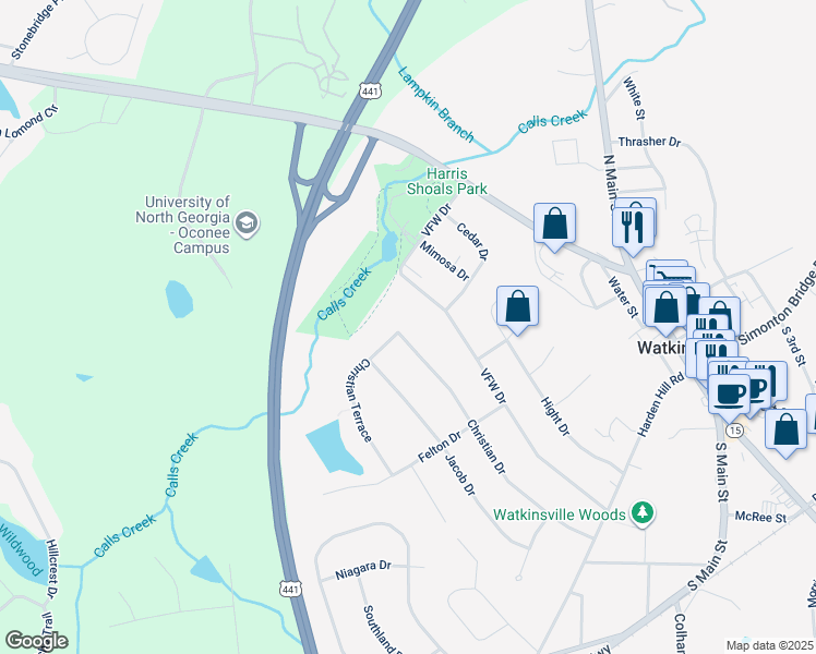 map of restaurants, bars, coffee shops, grocery stores, and more near 1340 Christian Drive in Watkinsville
