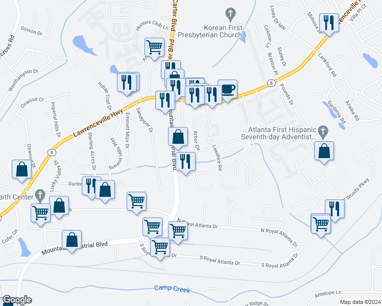 map of restaurants, bars, coffee shops, grocery stores, and more near 2633 Tucker Valley Road in Tucker