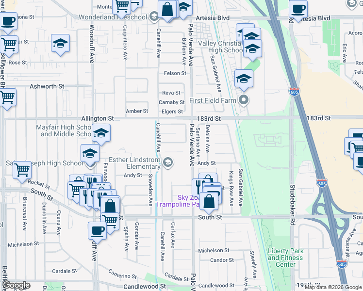 map of restaurants, bars, coffee shops, grocery stores, and more near 6320 Hungerford Street in Lakewood