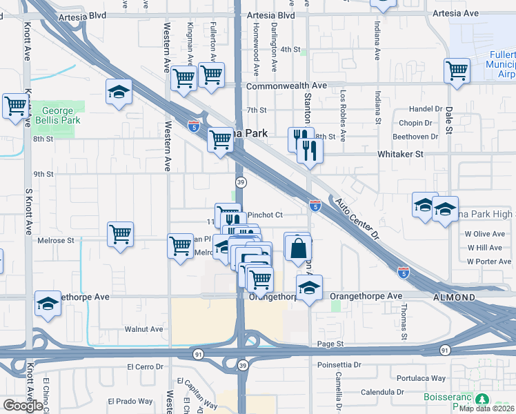 map of restaurants, bars, coffee shops, grocery stores, and more near 6650 Beach Boulevard in Buena Park