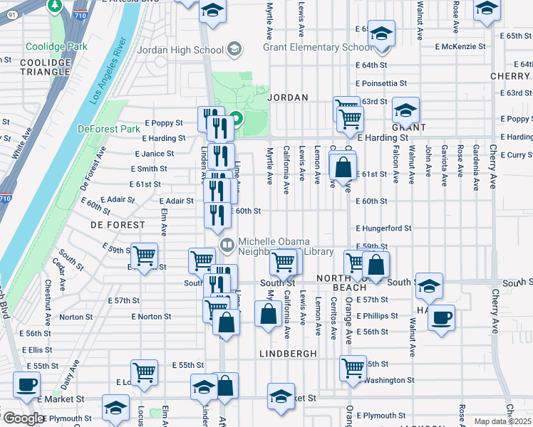 map of restaurants, bars, coffee shops, grocery stores, and more near 5993 Myrtle Avenue in Long Beach