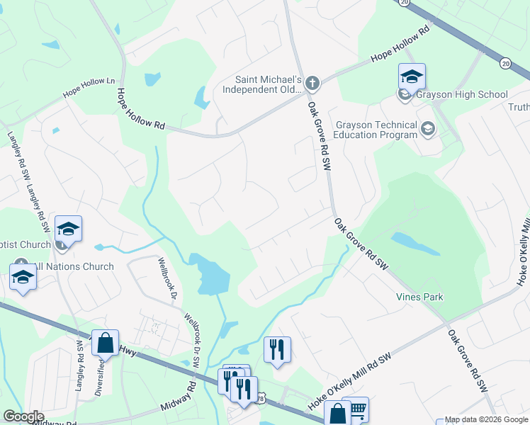 map of restaurants, bars, coffee shops, grocery stores, and more near 3233 Beech Hollow Court in Loganville