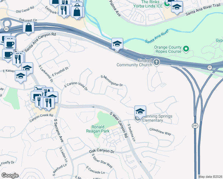 map of restaurants, bars, coffee shops, grocery stores, and more near 534 South Eveningsong Lane in Anaheim