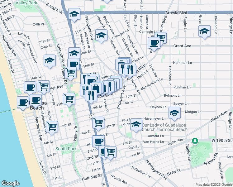 map of restaurants, bars, coffee shops, grocery stores, and more near 1055 Aviation Boulevard in Hermosa Beach