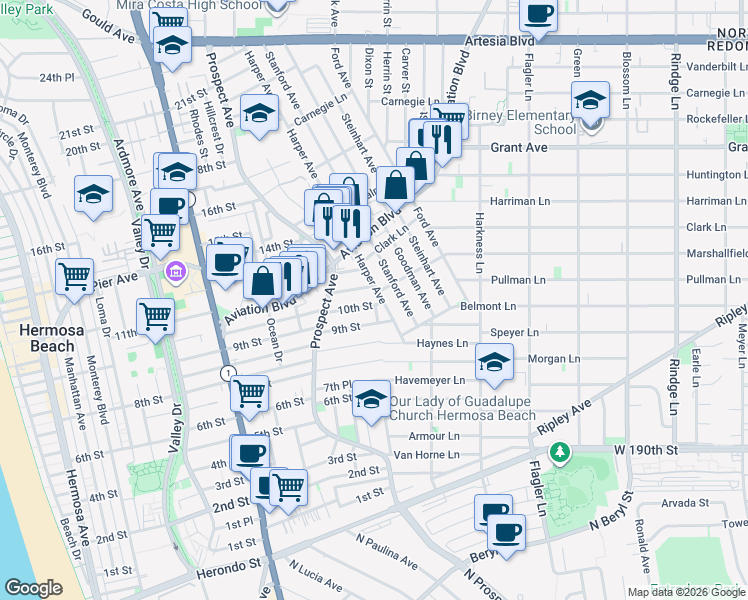 map of restaurants, bars, coffee shops, grocery stores, and more near 1257 10th Street in Hermosa Beach