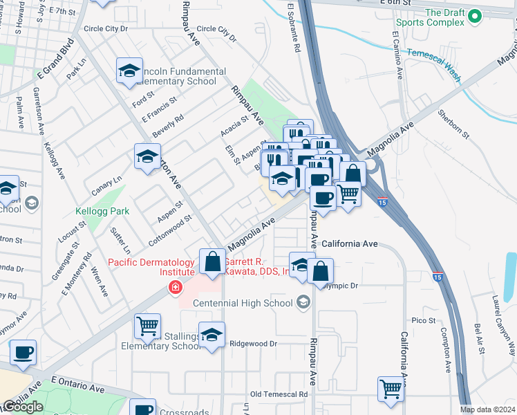 map of restaurants, bars, coffee shops, grocery stores, and more near 1637 English Place in Corona