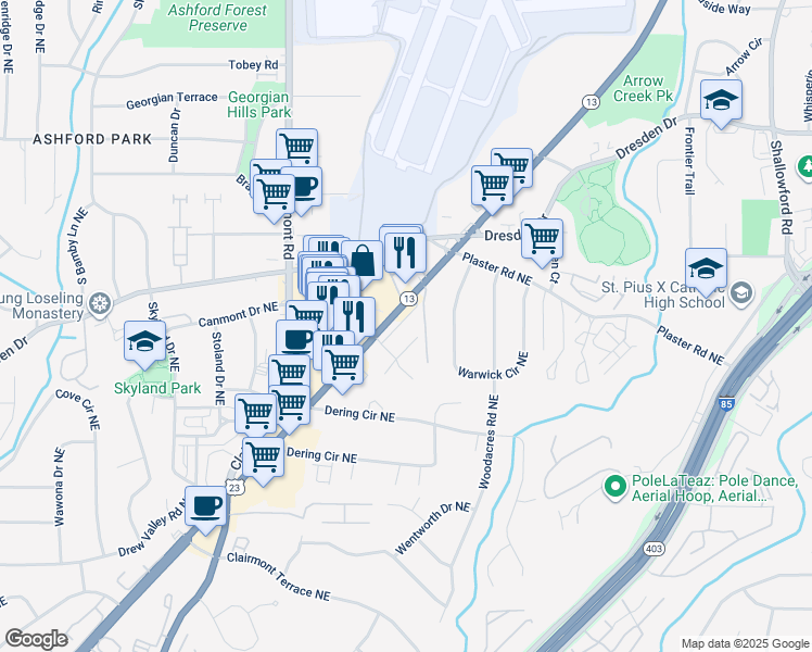 map of restaurants, bars, coffee shops, grocery stores, and more near 2637 Oak Shadow Court Northeast in Atlanta
