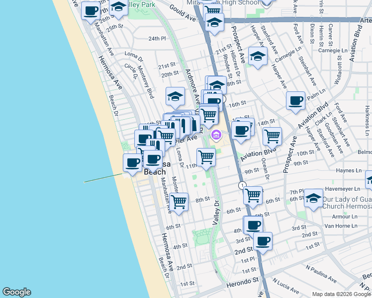 map of restaurants, bars, coffee shops, grocery stores, and more near 1303 Cypress Street in Hermosa Beach