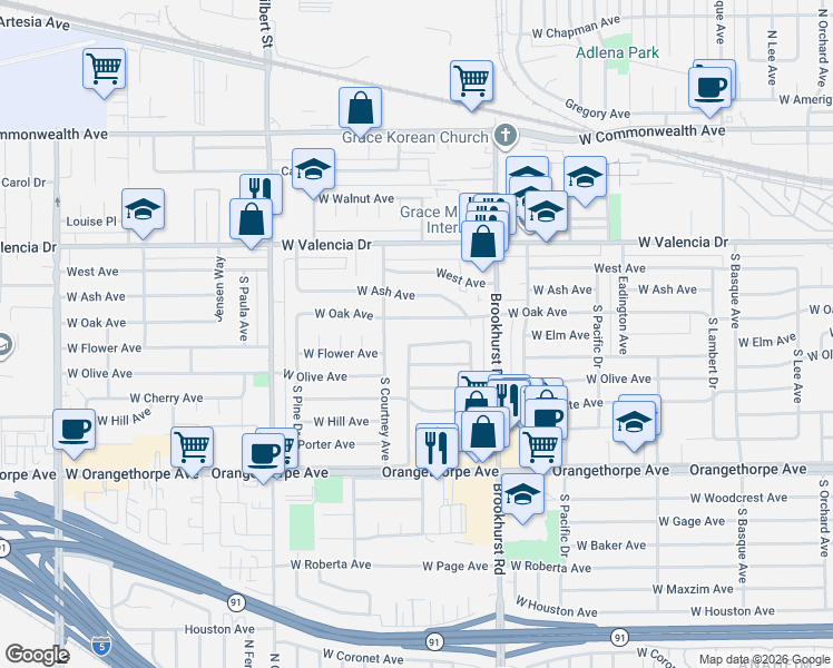 map of restaurants, bars, coffee shops, grocery stores, and more near 1847 West Flower Avenue in Fullerton