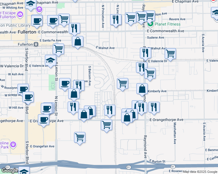map of restaurants, bars, coffee shops, grocery stores, and more near 16 Magnolia Via in Fullerton