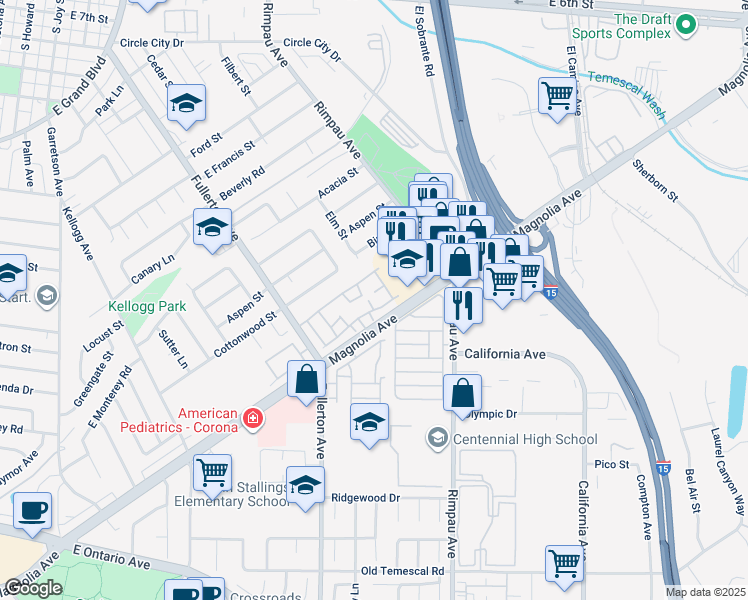 map of restaurants, bars, coffee shops, grocery stores, and more near 1645 Wintergreen Lane in Corona