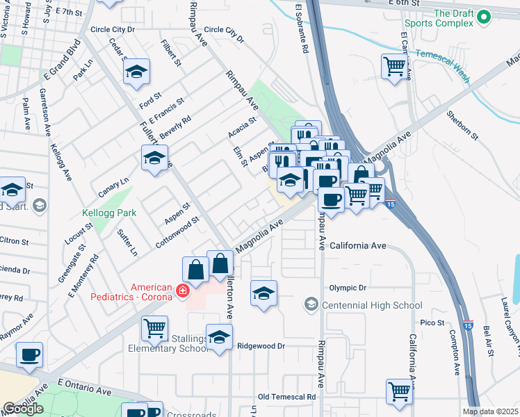 map of restaurants, bars, coffee shops, grocery stores, and more near 1610 Raintree Place in Corona