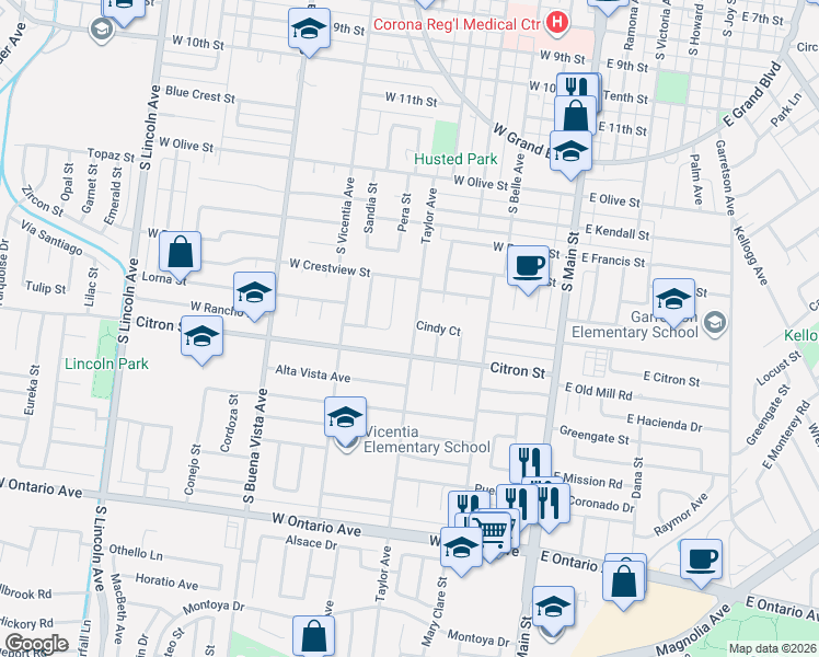 map of restaurants, bars, coffee shops, grocery stores, and more near 1689 Lorraine Drive in Corona