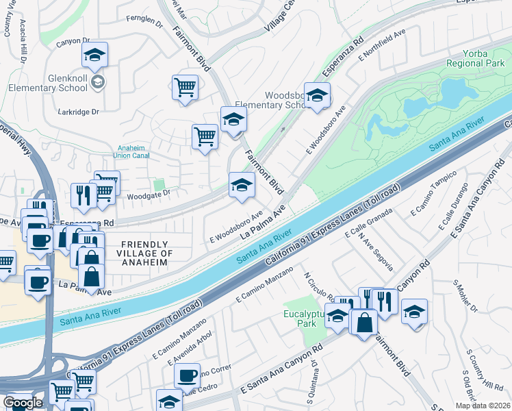 map of restaurants, bars, coffee shops, grocery stores, and more near 1222 North Hondo Street in Anaheim