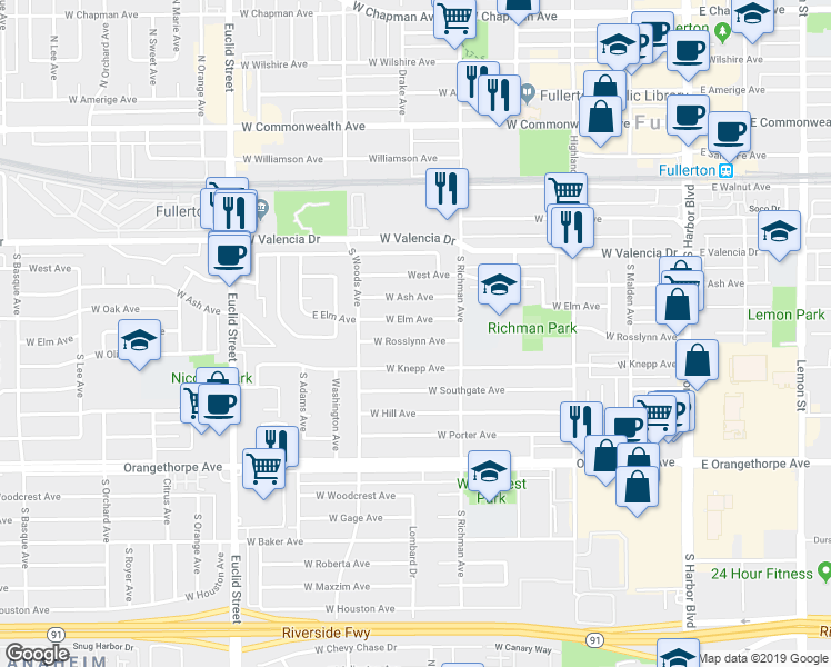 map of restaurants, bars, coffee shops, grocery stores, and more near 530 West Elm Avenue in Fullerton