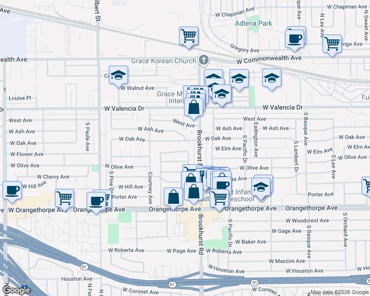 map of restaurants, bars, coffee shops, grocery stores, and more near 1808 West Oak Avenue in Fullerton