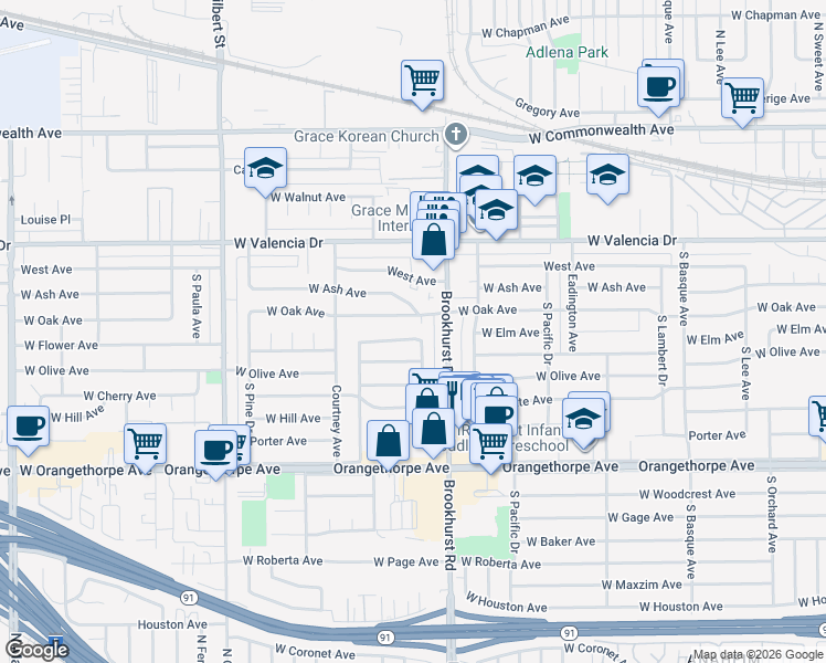 map of restaurants, bars, coffee shops, grocery stores, and more near 1808 West Oak Avenue in Fullerton