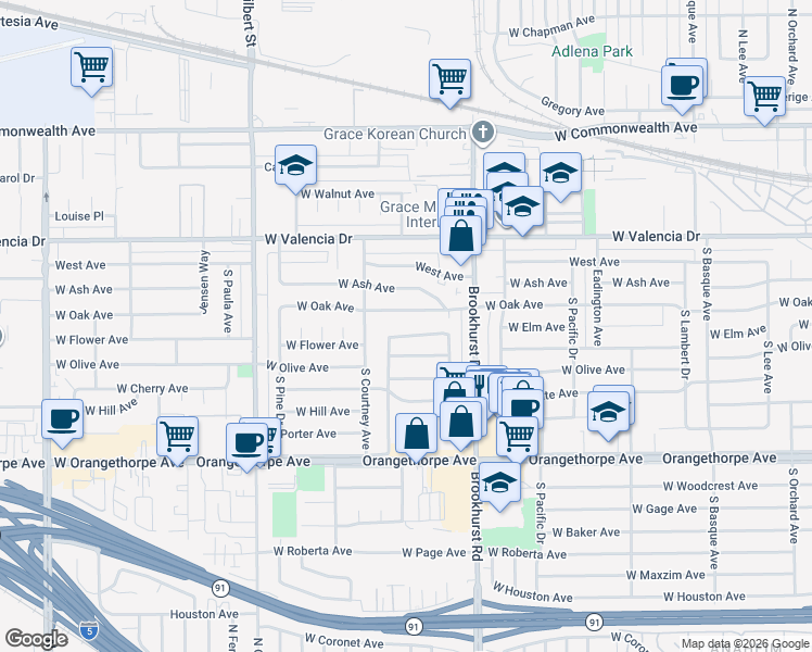 map of restaurants, bars, coffee shops, grocery stores, and more near 1852 West Oak Avenue in Fullerton