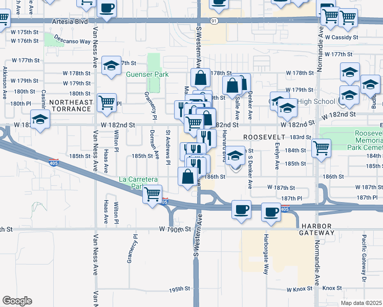 map of restaurants, bars, coffee shops, grocery stores, and more near 18333 South Western Avenue in Torrance