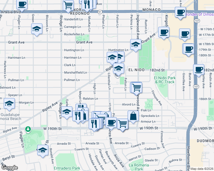 map of restaurants, bars, coffee shops, grocery stores, and more near 2415 Ives Lane in Redondo Beach