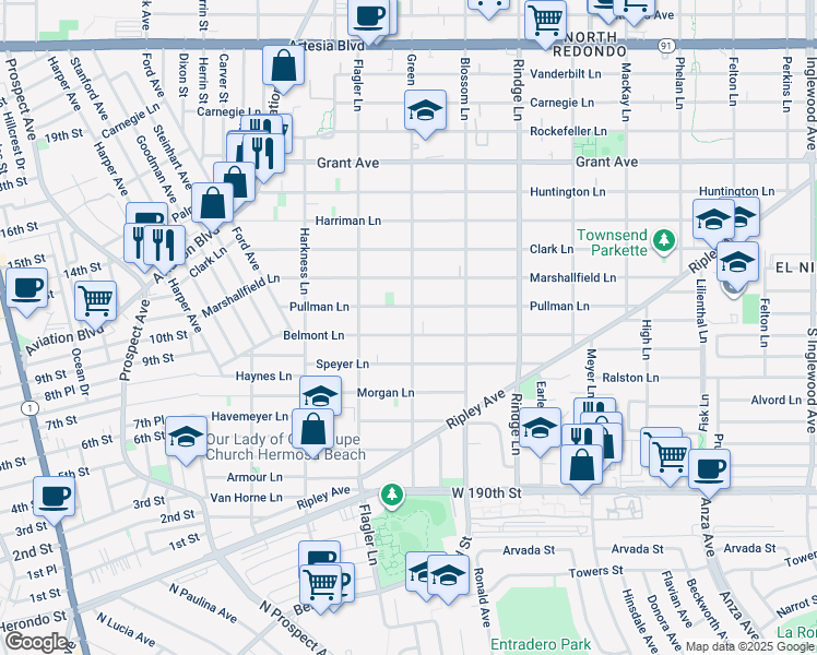 map of restaurants, bars, coffee shops, grocery stores, and more near 1011 Green Lane in Redondo Beach