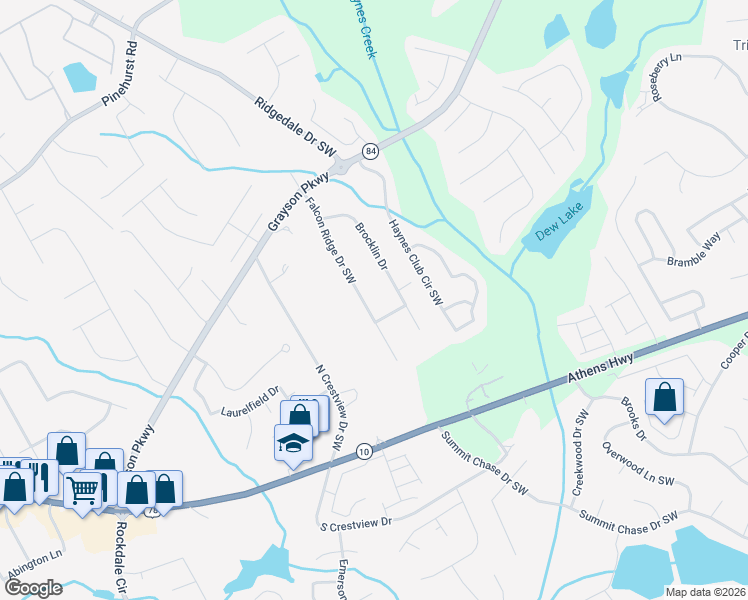 map of restaurants, bars, coffee shops, grocery stores, and more near 2610 Falcon Ridge Drive Southwest in Grayson