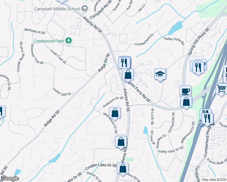 map of restaurants, bars, coffee shops, grocery stores, and more near 3487 Paces Ferry Circle Southeast in Smyrna