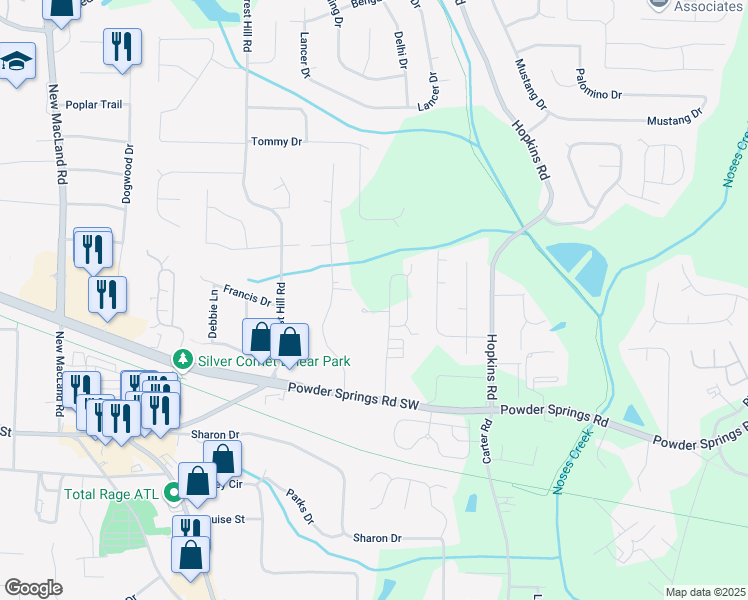 map of restaurants, bars, coffee shops, grocery stores, and more near 3708 Cheswolde Avenue in Powder Springs