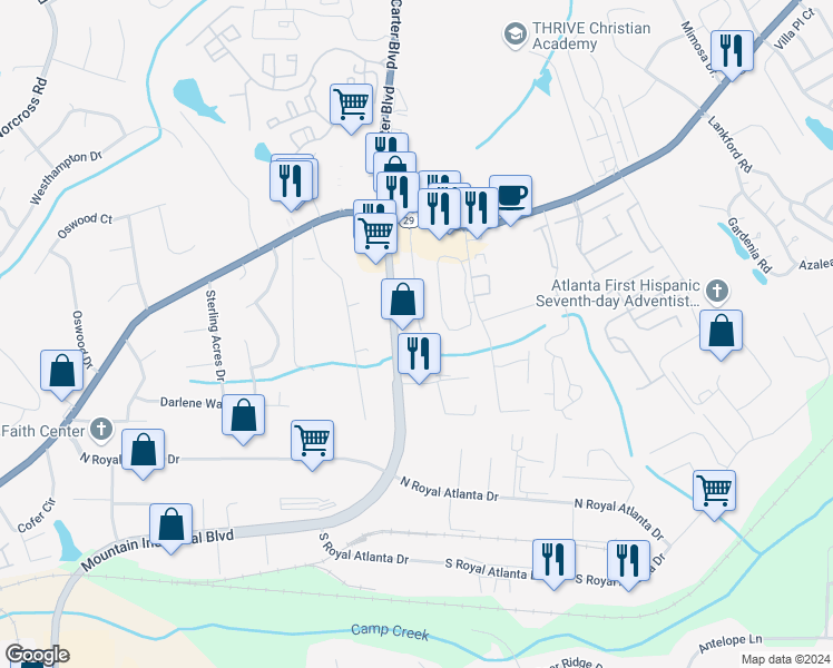 map of restaurants, bars, coffee shops, grocery stores, and more near 2644 Tucker Valley Road in Tucker