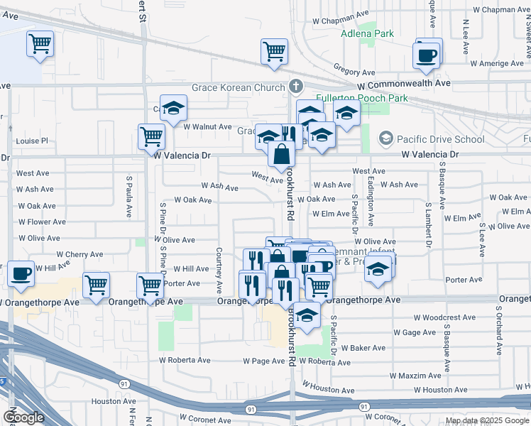 map of restaurants, bars, coffee shops, grocery stores, and more near 1815 West Flower Avenue in Fullerton
