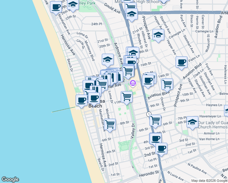 map of restaurants, bars, coffee shops, grocery stores, and more near 1303 Cypress Street in Hermosa Beach