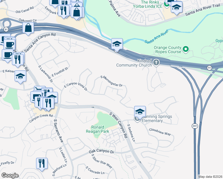 map of restaurants, bars, coffee shops, grocery stores, and more near 534 South Eveningsong Lane in Anaheim