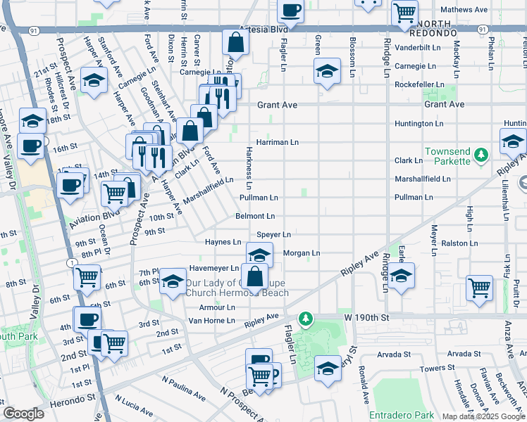 map of restaurants, bars, coffee shops, grocery stores, and more near 1809 Belmont Lane in Redondo Beach