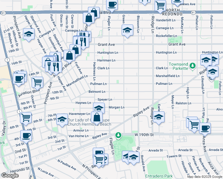 map of restaurants, bars, coffee shops, grocery stores, and more near 1904 Pullman Lane in Redondo Beach