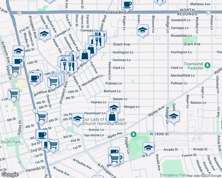map of restaurants, bars, coffee shops, grocery stores, and more near 1706 Pullman Lane in Redondo Beach